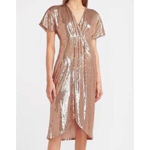 NEW EXPRESS (Size S) Rose Gold V-Neck Rose Gold Cocktail Mid Length Dress